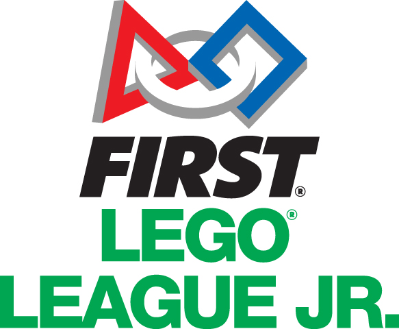 The Logo for FIRST LEGO League JR, with those words in green, and conjoined red triangle, white circle, and blue square.